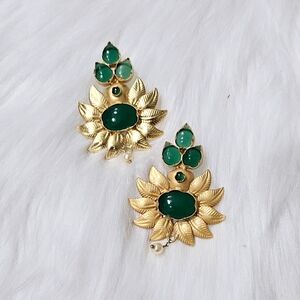 Gold and Green Floral Gemstone Earrings